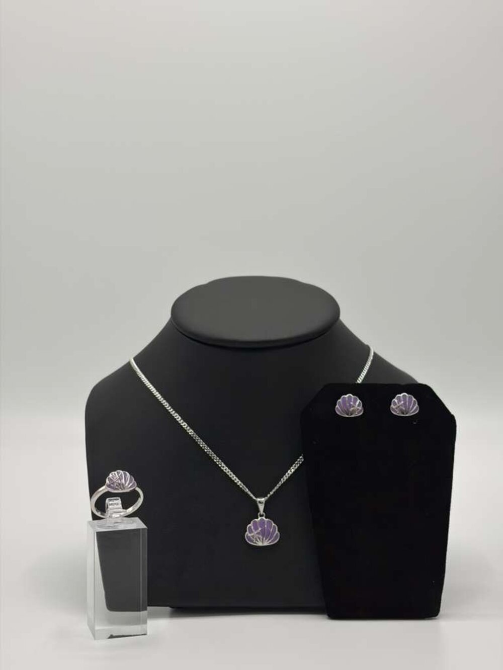 925 Sterling Silver Purple Shell Necklace 18" with Earrings and Ring set